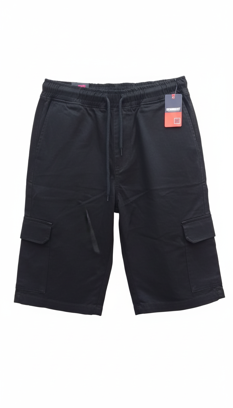 Black cargo shorts with a tag on a white background
