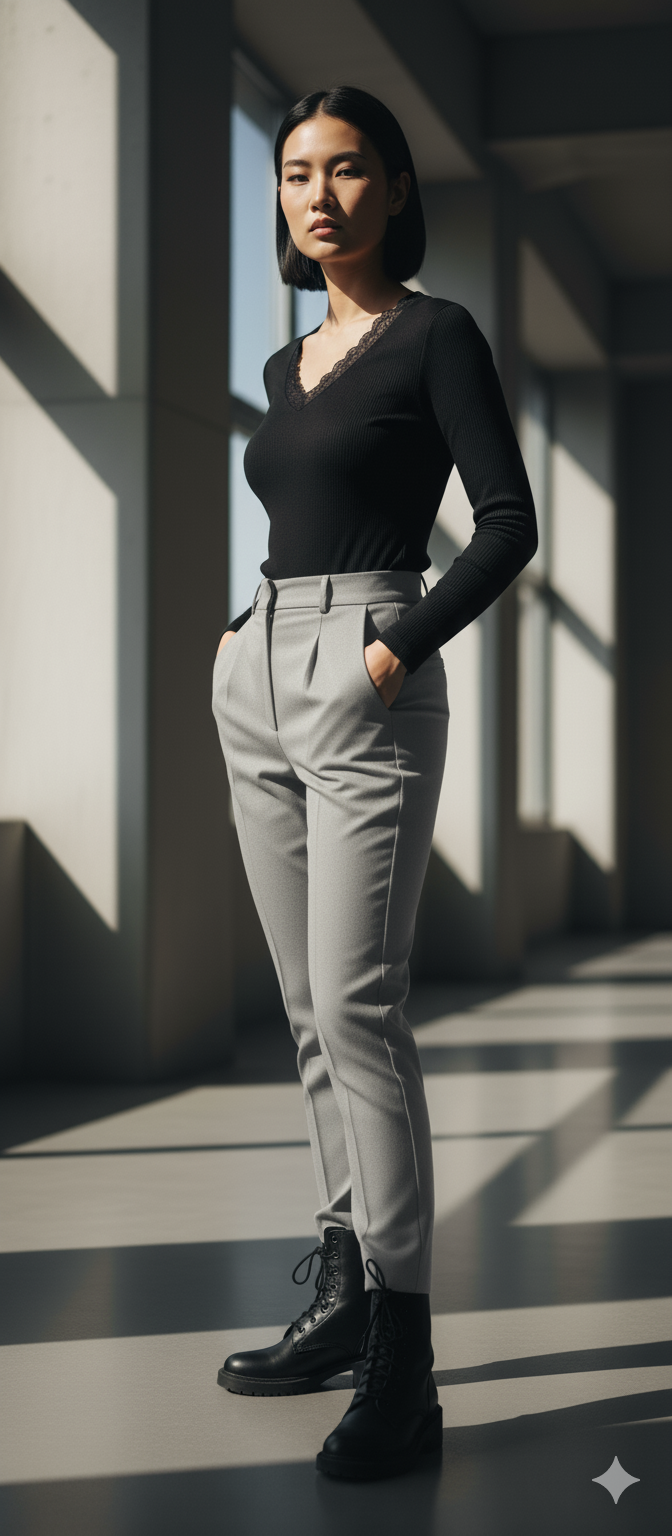 Ribbed V-Neck Long Sleeve Top