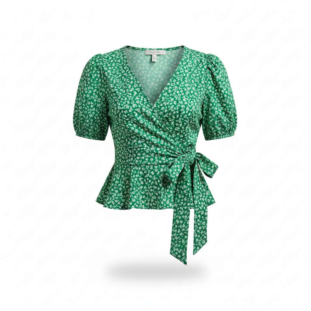 Green Floral Wrap Top