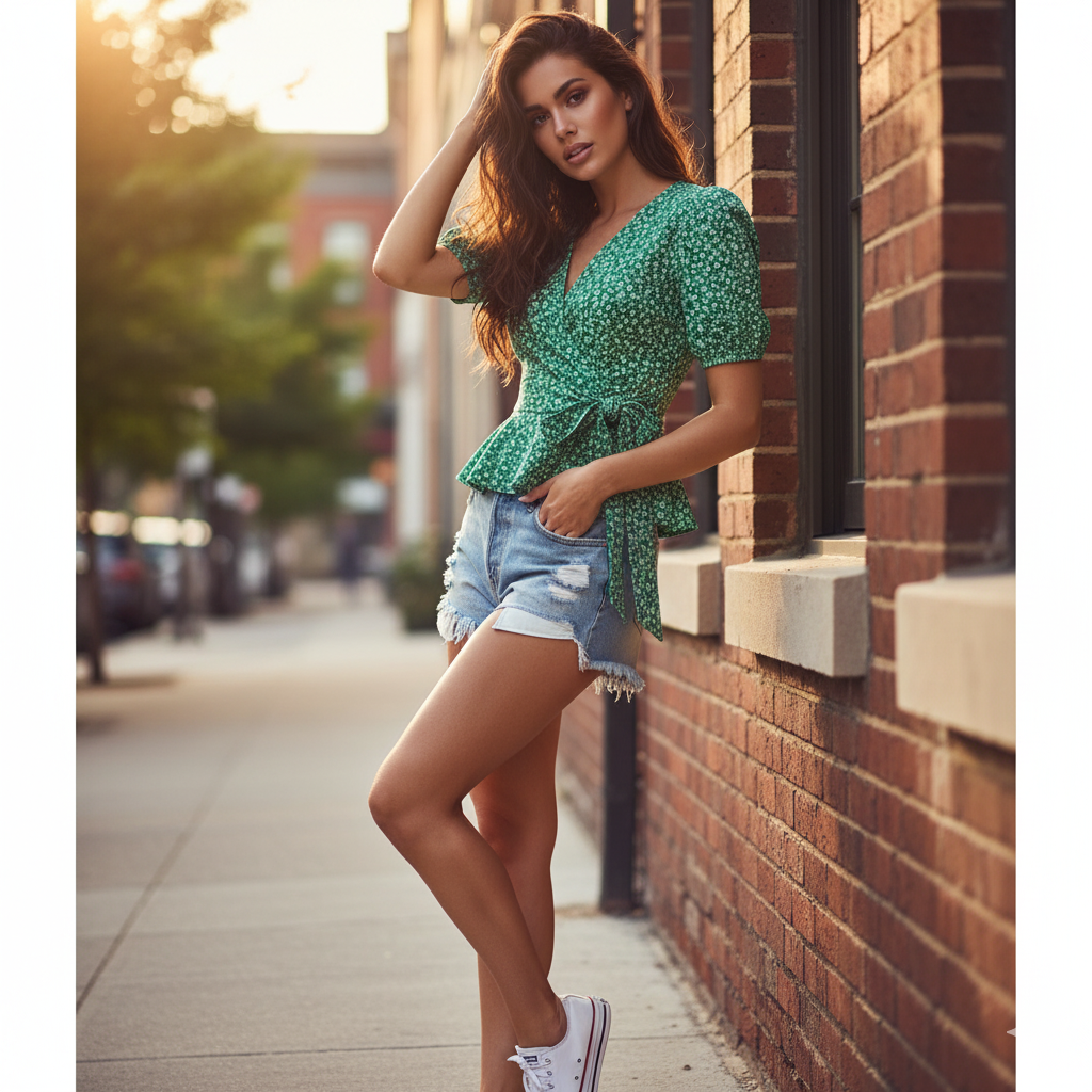 Green Floral Wrap Top
