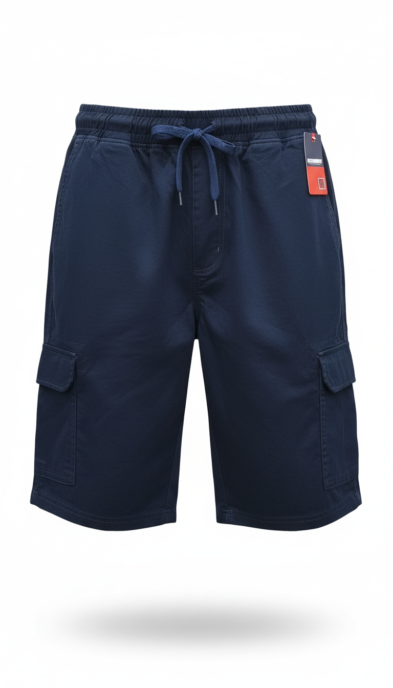 Navy blue shorts with a drawstring on a white background