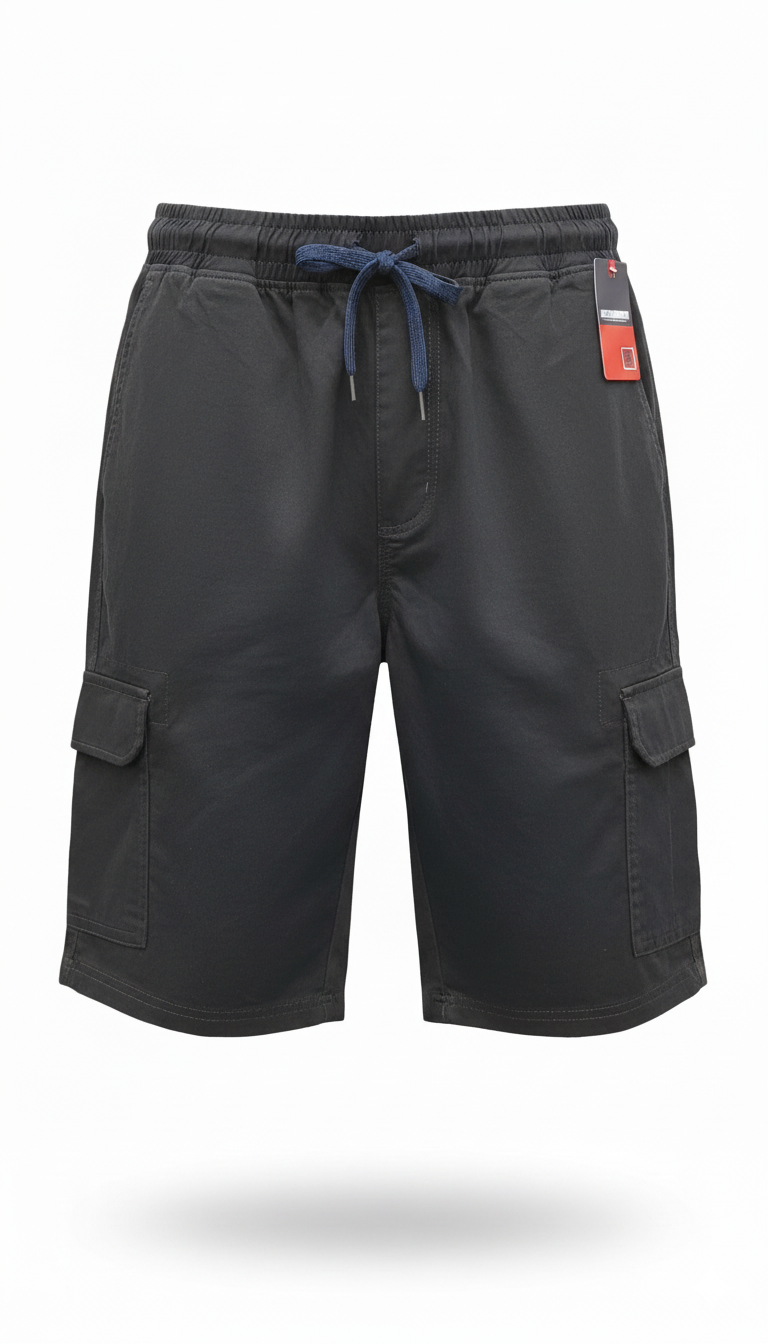 Black cargo shorts with a drawstring on a white background