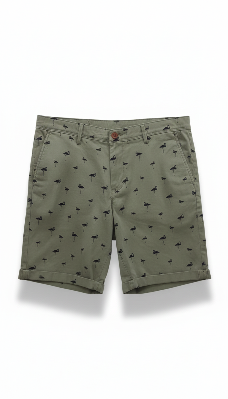 Green shorts with small patterns on a white background
